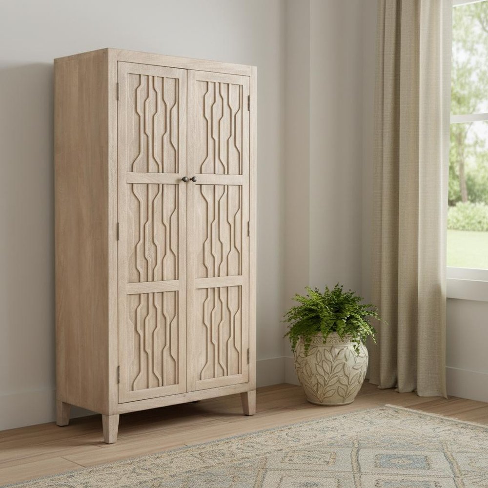 72" Ivory Distressed Solid Wood Frame Accent Cabinet With Two Doors