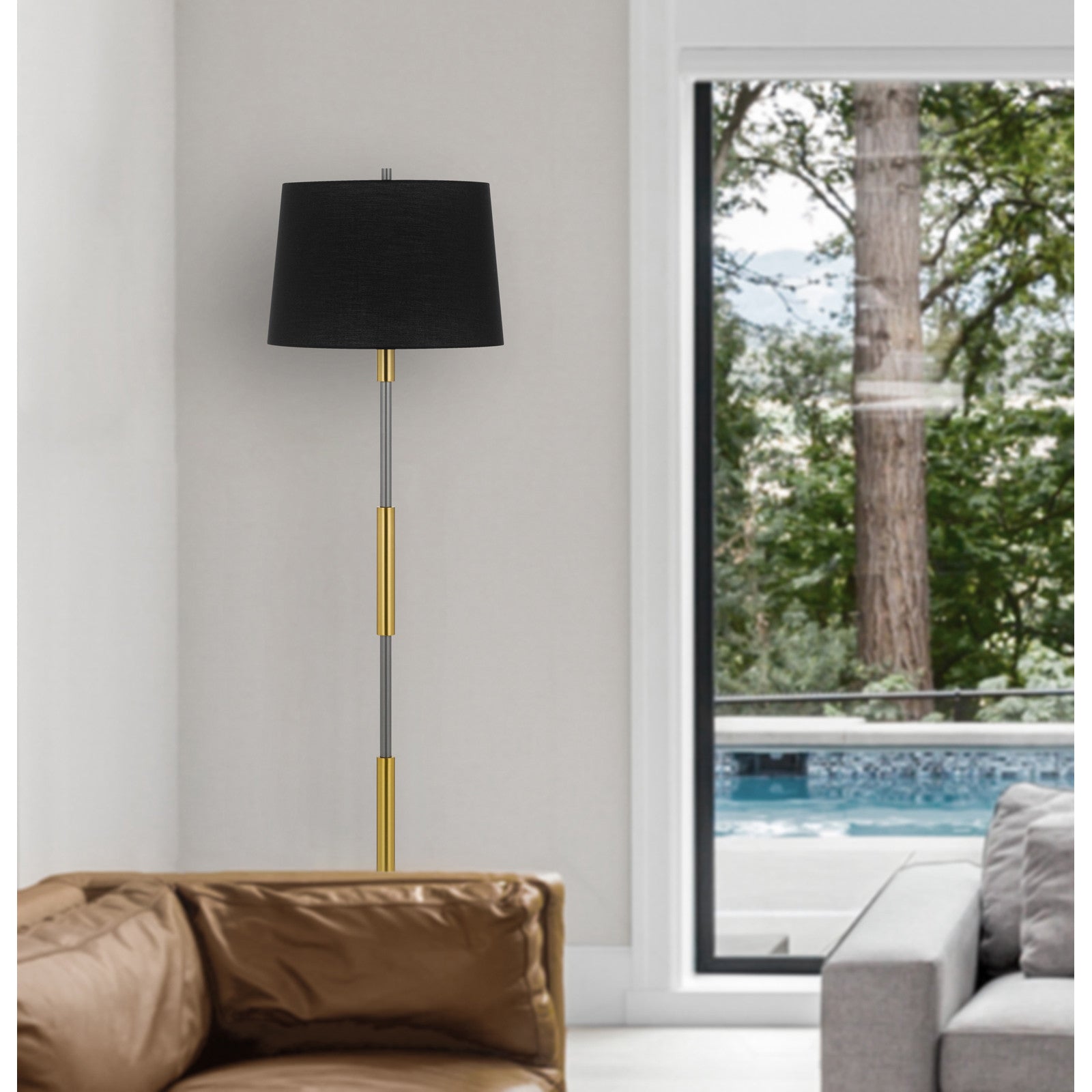 60" Antiqued Brass Metal Floor Lamp With Black Fabric Drum Shade
