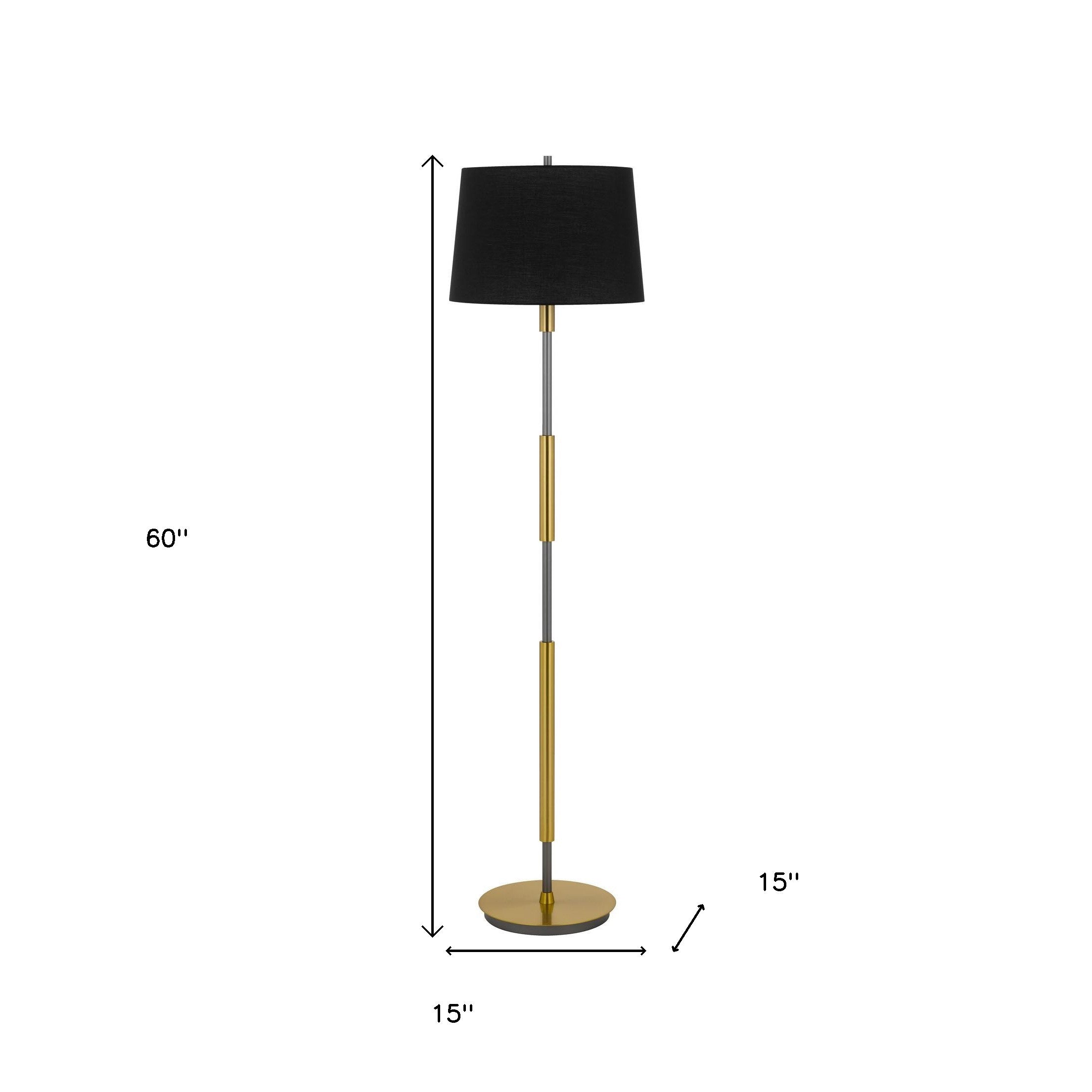 60" Antiqued Brass Metal Floor Lamp With Black Fabric Drum Shade