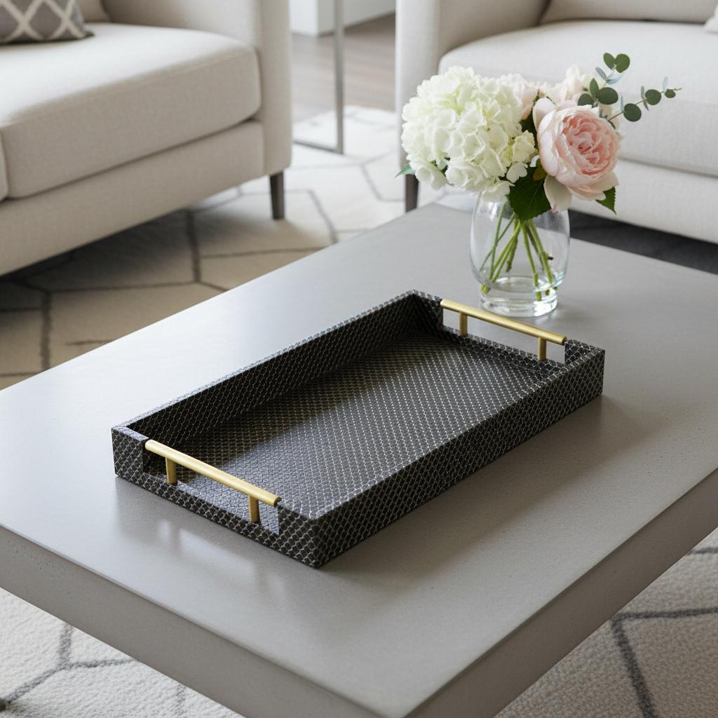 16" Black And Gold Geometric Print Handmade Serving Tray