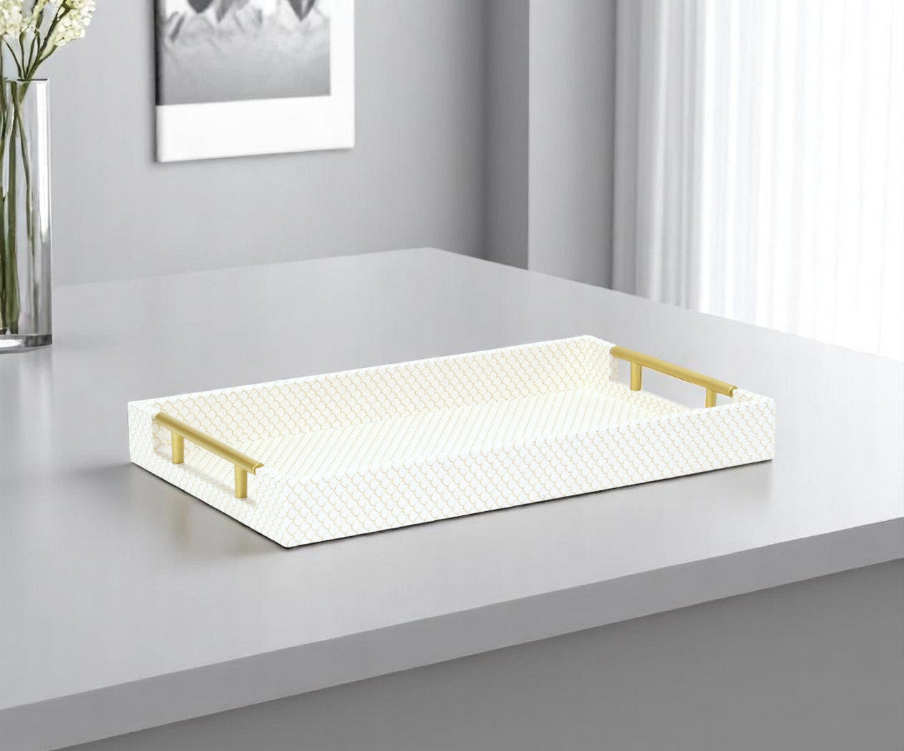 16" Ivory And Gold Geometric Print Handmade Serving Tray With Handles