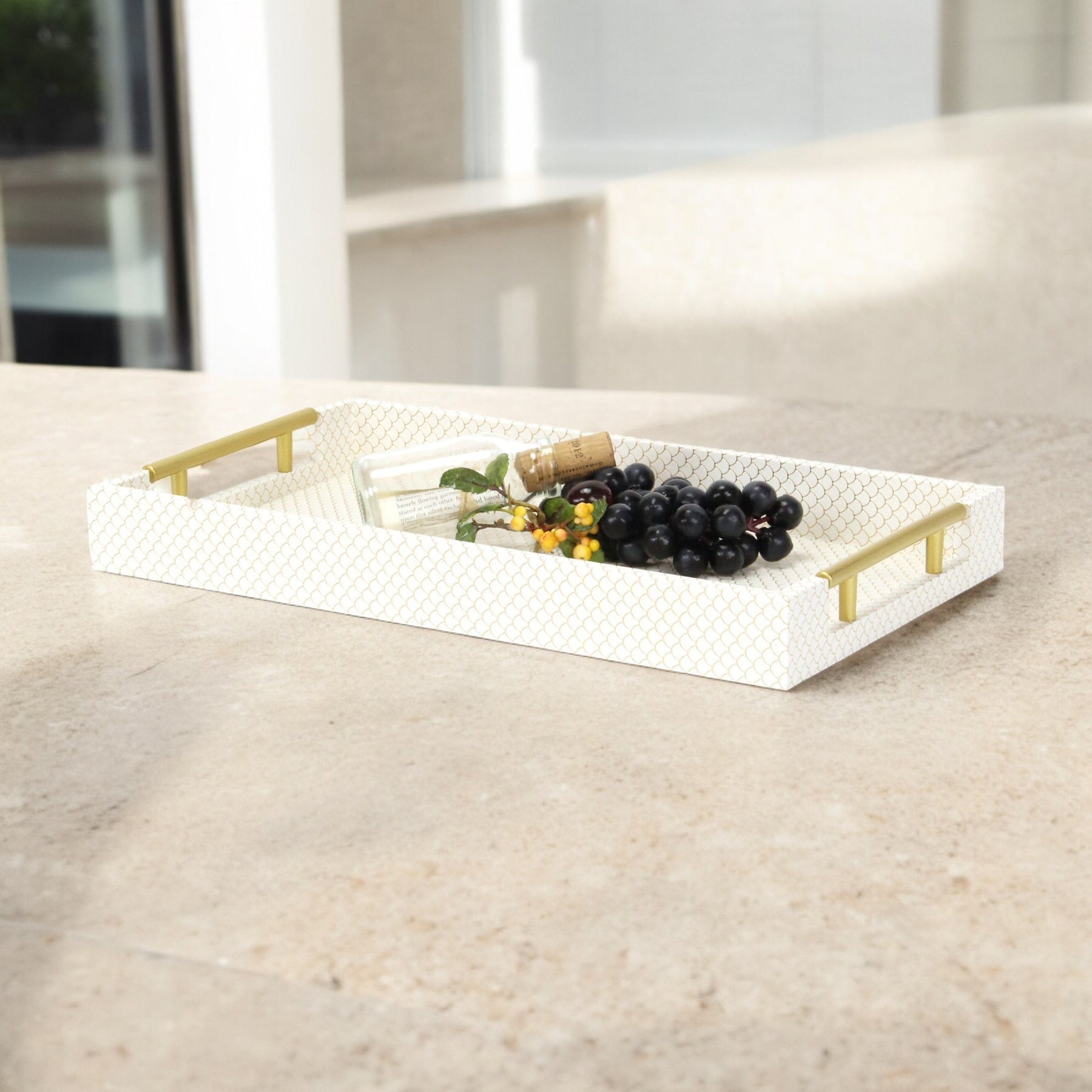 16" Ivory And Gold Geometric Print Handmade Serving Tray With Handles