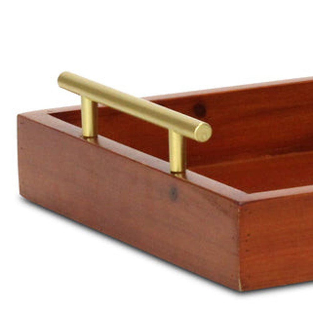 16" Brown And Gold Solid Wood Handmade Serving Tray With Handles