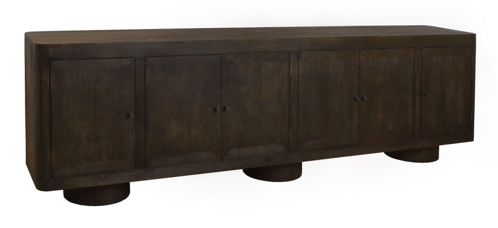 108" Dark Brown Distressed Solid Wood Sideboard Soft Close with Six Doors
