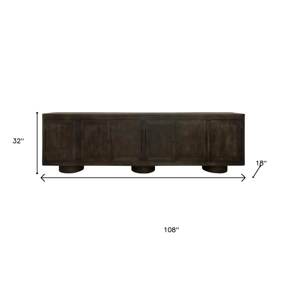 108" Dark Brown Distressed Solid Wood Sideboard Soft Close with Six Doors