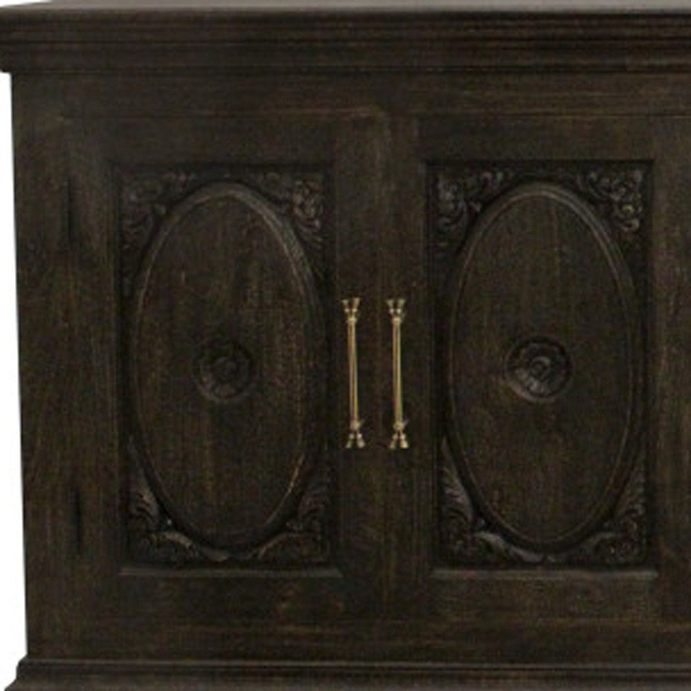 103" Black Distressed Solid Wood Carved Floral Sideboard with Six Doors