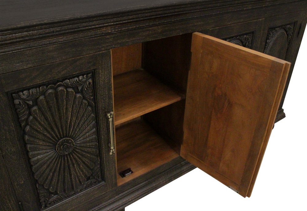 103" Black Distressed Solid Wood Carved Floral Sideboard with Six Doors