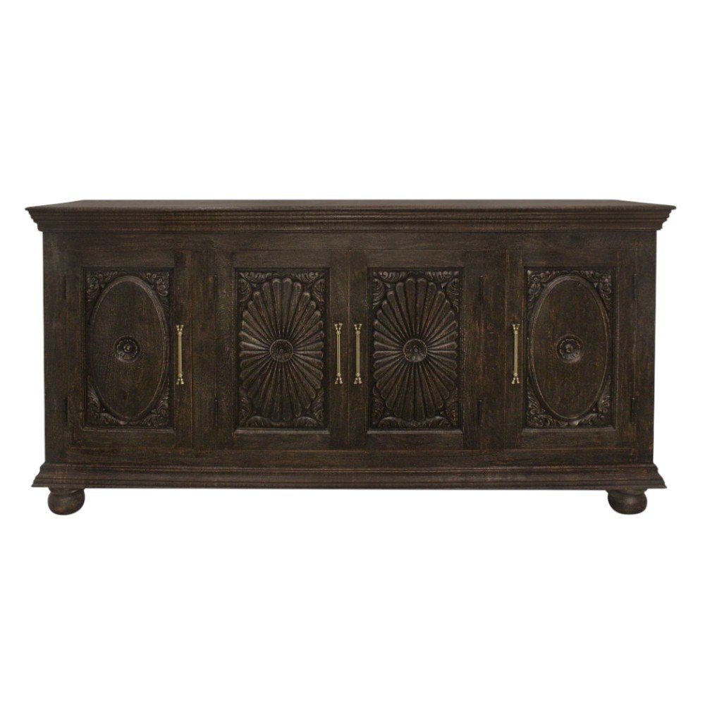 73" Black Distressed Solid Wood Carved Floral Sideboard with Four Doors
