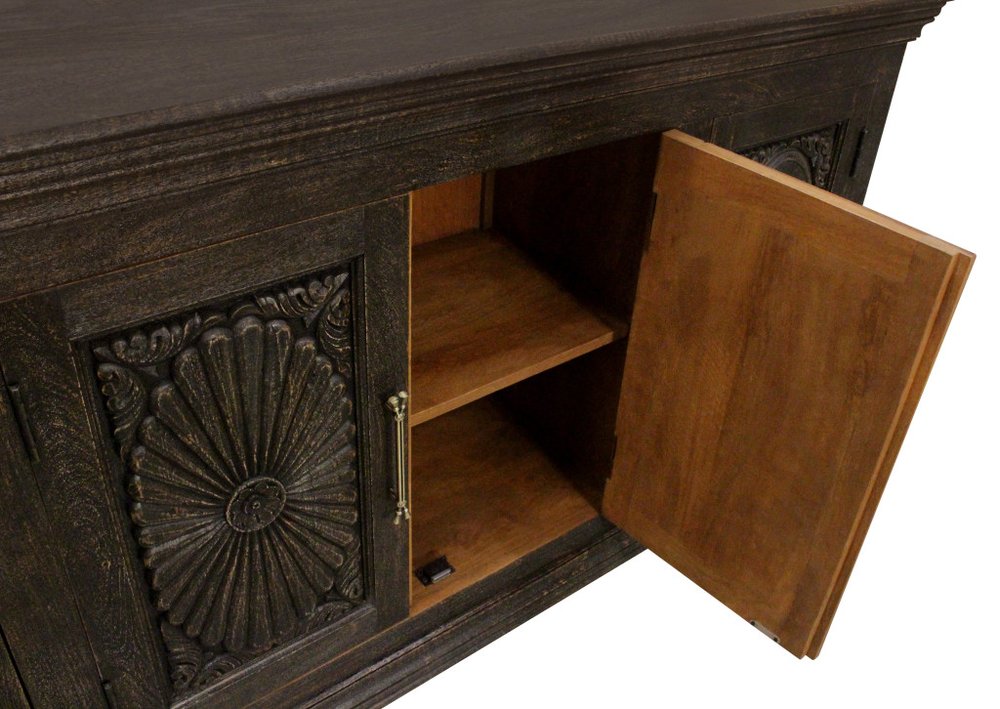 73" Black Distressed Solid Wood Carved Floral Sideboard with Four Doors