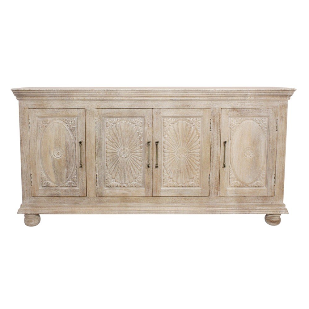73" Antiqued White Distressed Solid Wood Carved Floral Sideboard with Four Doors