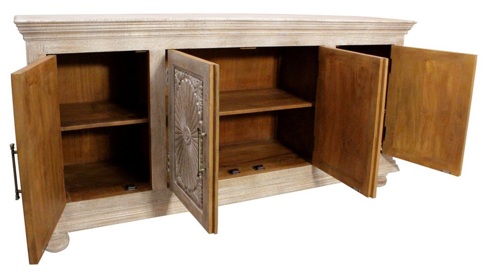 73" Antiqued White Distressed Solid Wood Carved Floral Sideboard with Four Doors