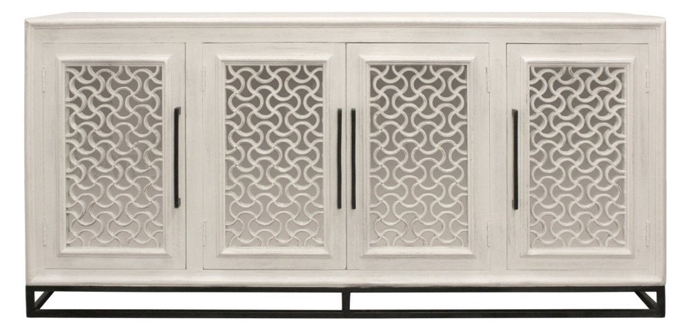 76" Antiqued White Distressed Solid Wood Carved Geometric Sideboard with Four Doors