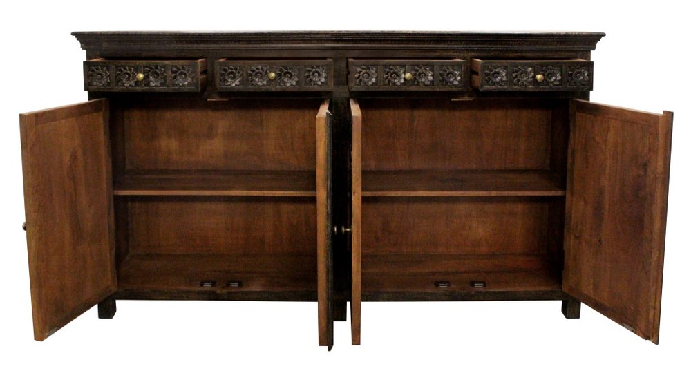 72" Black Distressed Solid Wood Carved Floral Four Drawer Sideboard with Four Doors