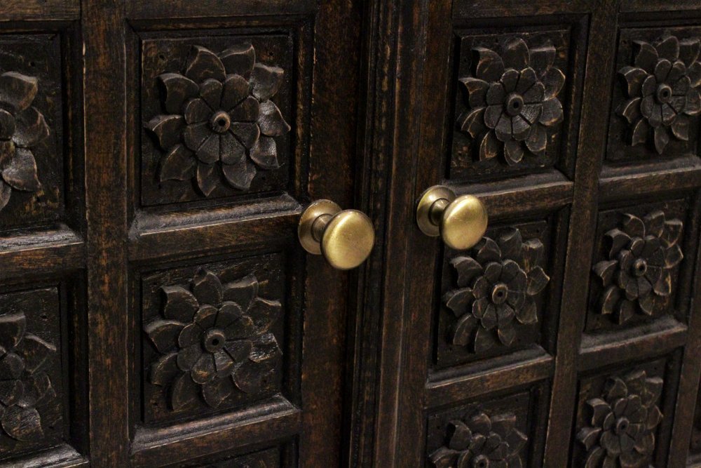 72" Black Distressed Solid Wood Carved Floral Four Drawer Sideboard with Four Doors