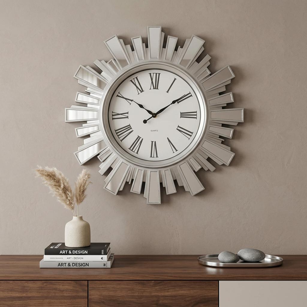 19" Silver And Clear Mirrored Glass And Heavy Duty Plastic Silent Analog Sunburst Wall Clock