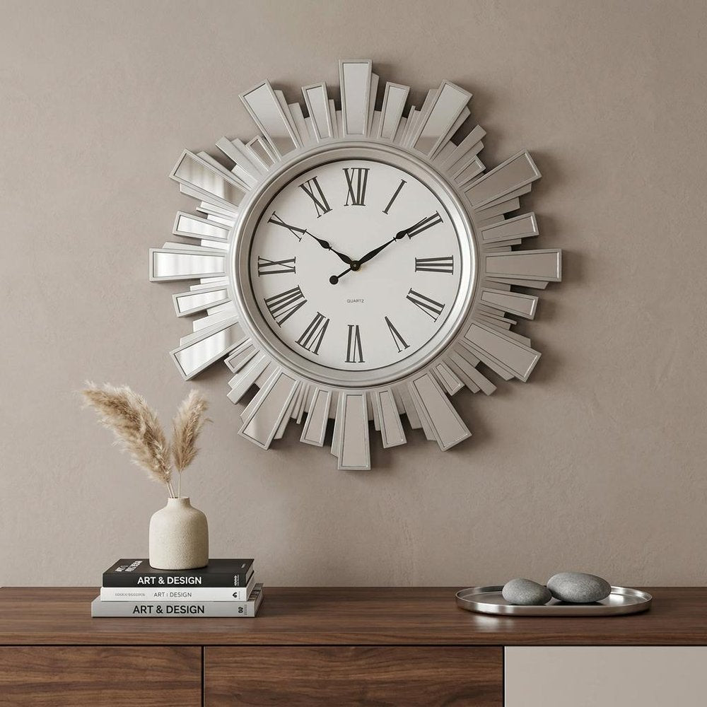 19" Silver And Clear Mirrored Glass And Heavy Duty Plastic Silent Analog Sunburst Wall Clock