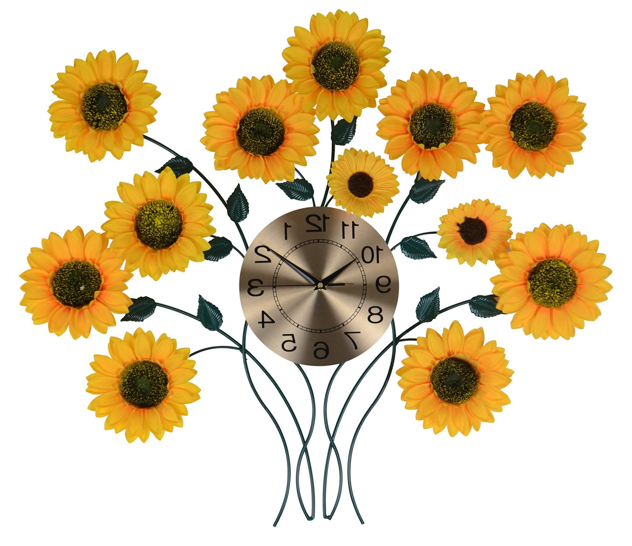 31" Yellow Green And Gold Metal Silent Analog Sunflower Floral Wall Clock