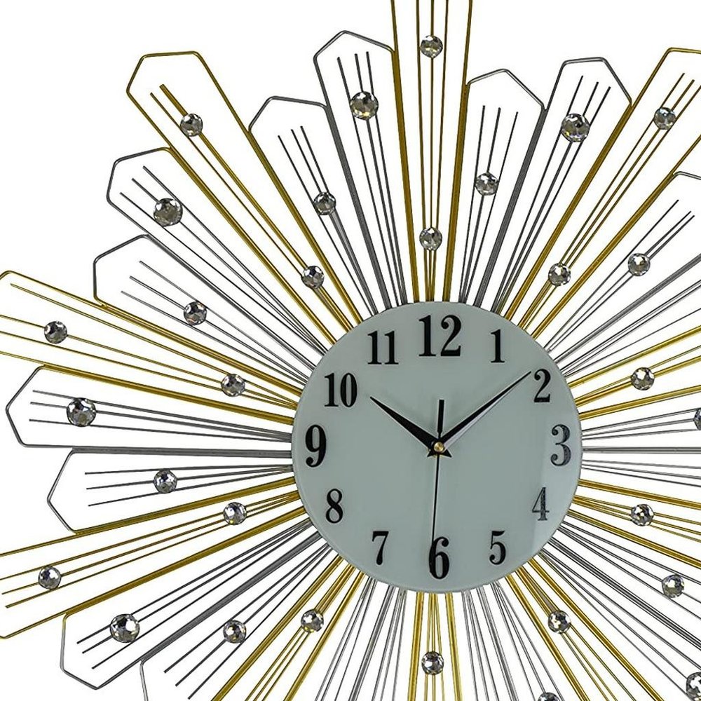 27" Gold Silver And Metal And Faux Crystals Silent Analog Sunburst Wall Clock