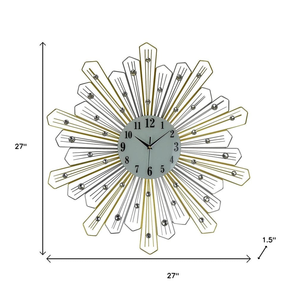 27" Gold Silver And Metal And Faux Crystals Silent Analog Sunburst Wall Clock
