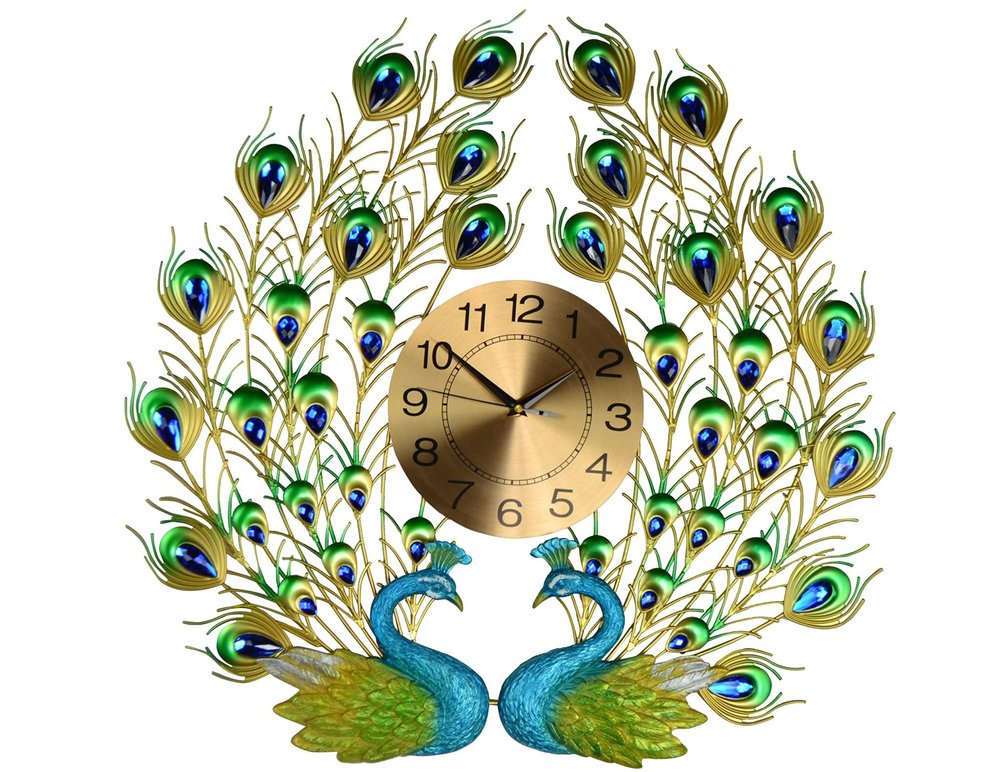 25" Blue Green And Gold Metal Silent Analog Peacock Novelty Wall Clock