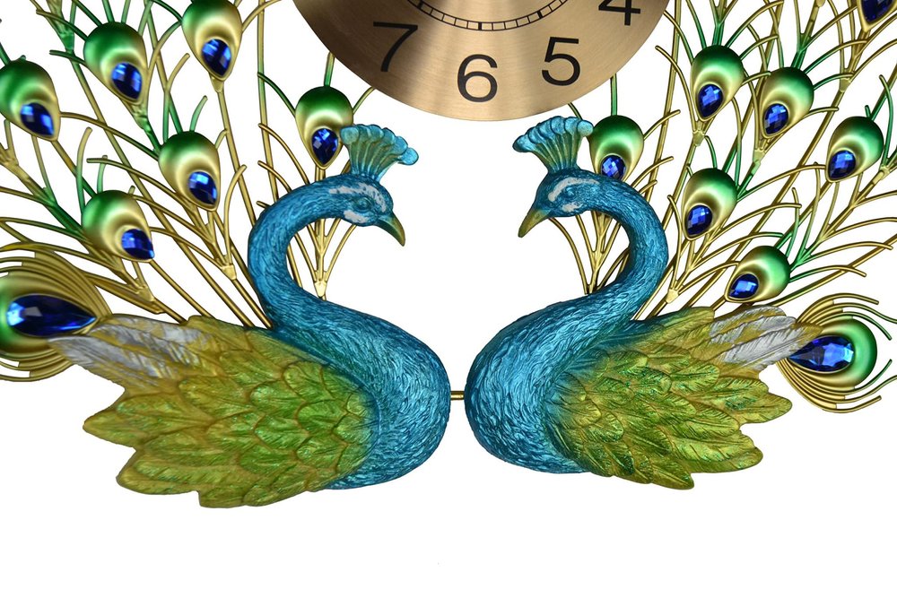 25" Blue Green And Gold Metal Silent Analog Peacock Novelty Wall Clock