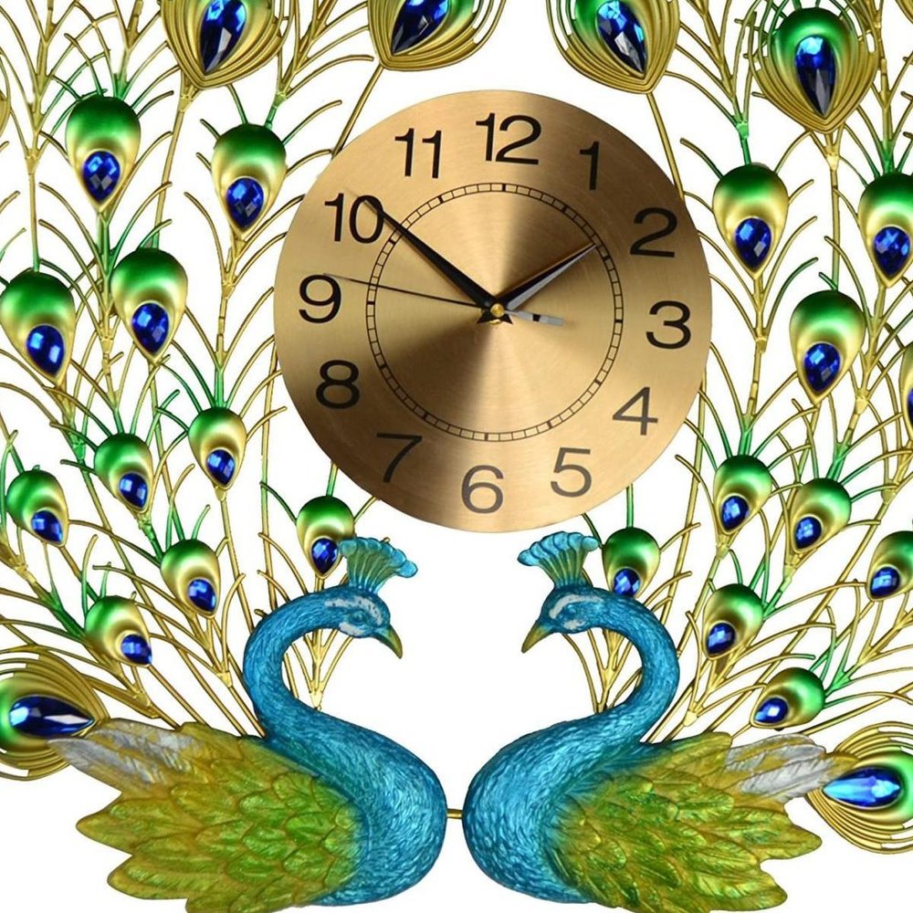 25" Blue Green And Gold Metal Silent Analog Peacock Novelty Wall Clock