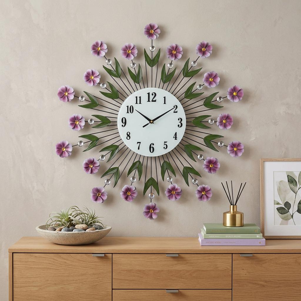 27" Purple Green And White Metal and Glass Silent Analog Floral Round Wall Clock