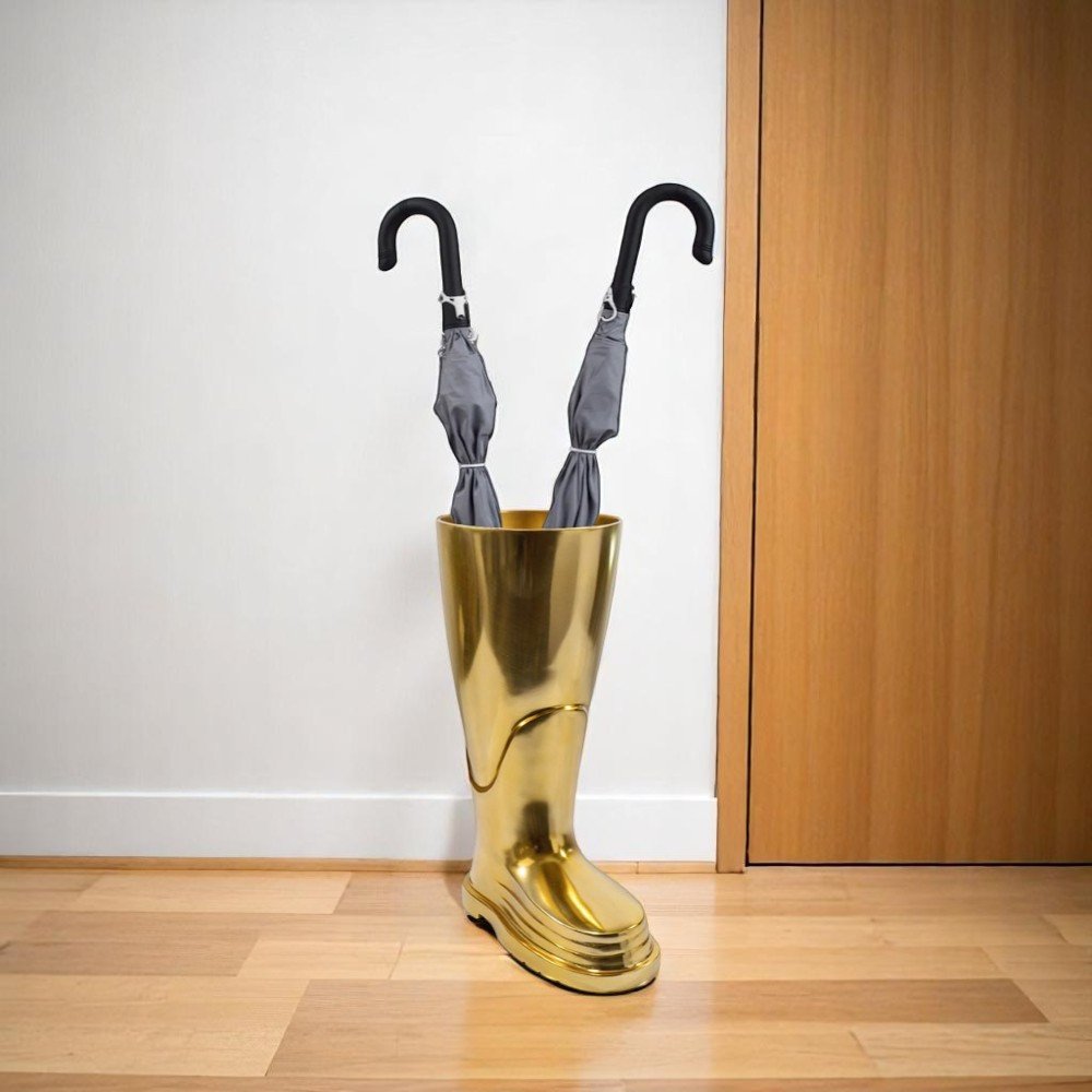 16" Silver Buffed Aluminum Firefighter Boot Umbrella Stand Sculpture