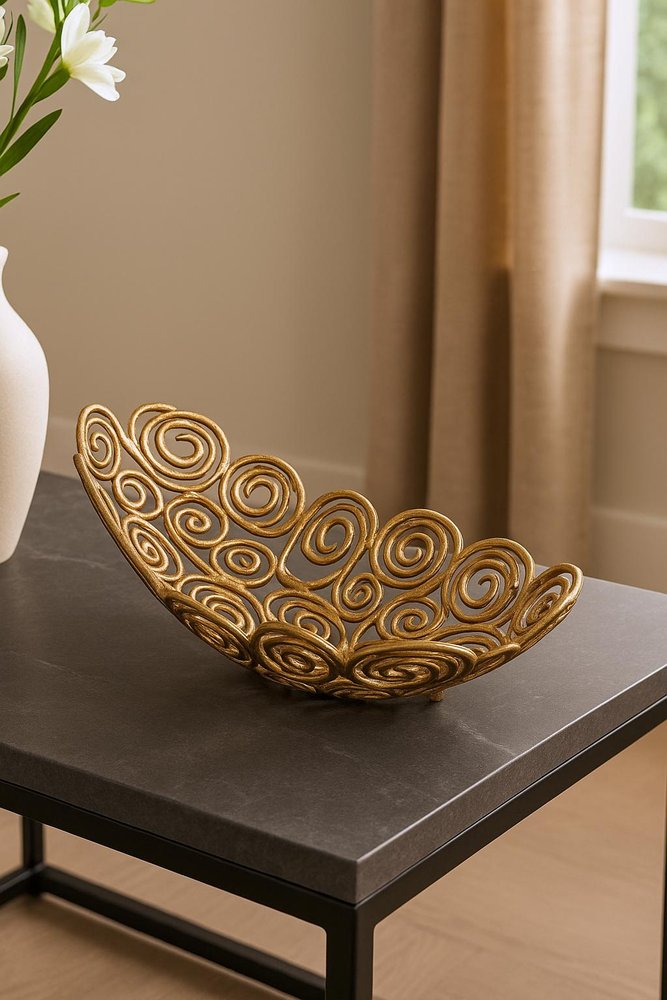 20" Gold Aluminum Abstract Circles Oval Decorative Bowl