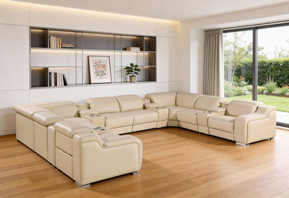 Beige Italian Leather Power Reclining U Shaped Twelve Piece Corner Sectional With Console