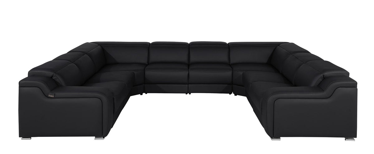 Black Italian Leather Power Reclining U Shaped Eight Piece Corner Sectional With Console