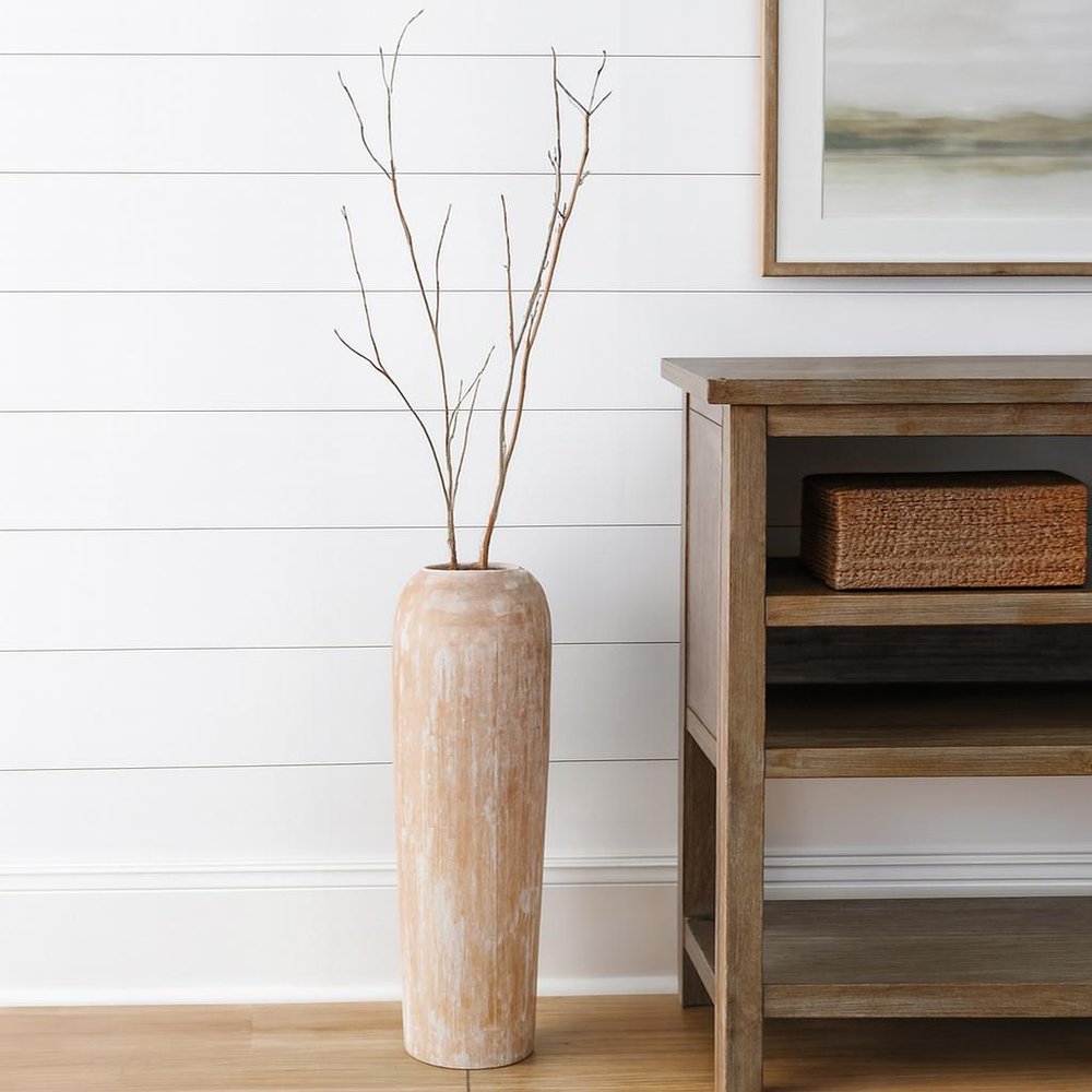 24" Brown And White Round Wood Floor Vase