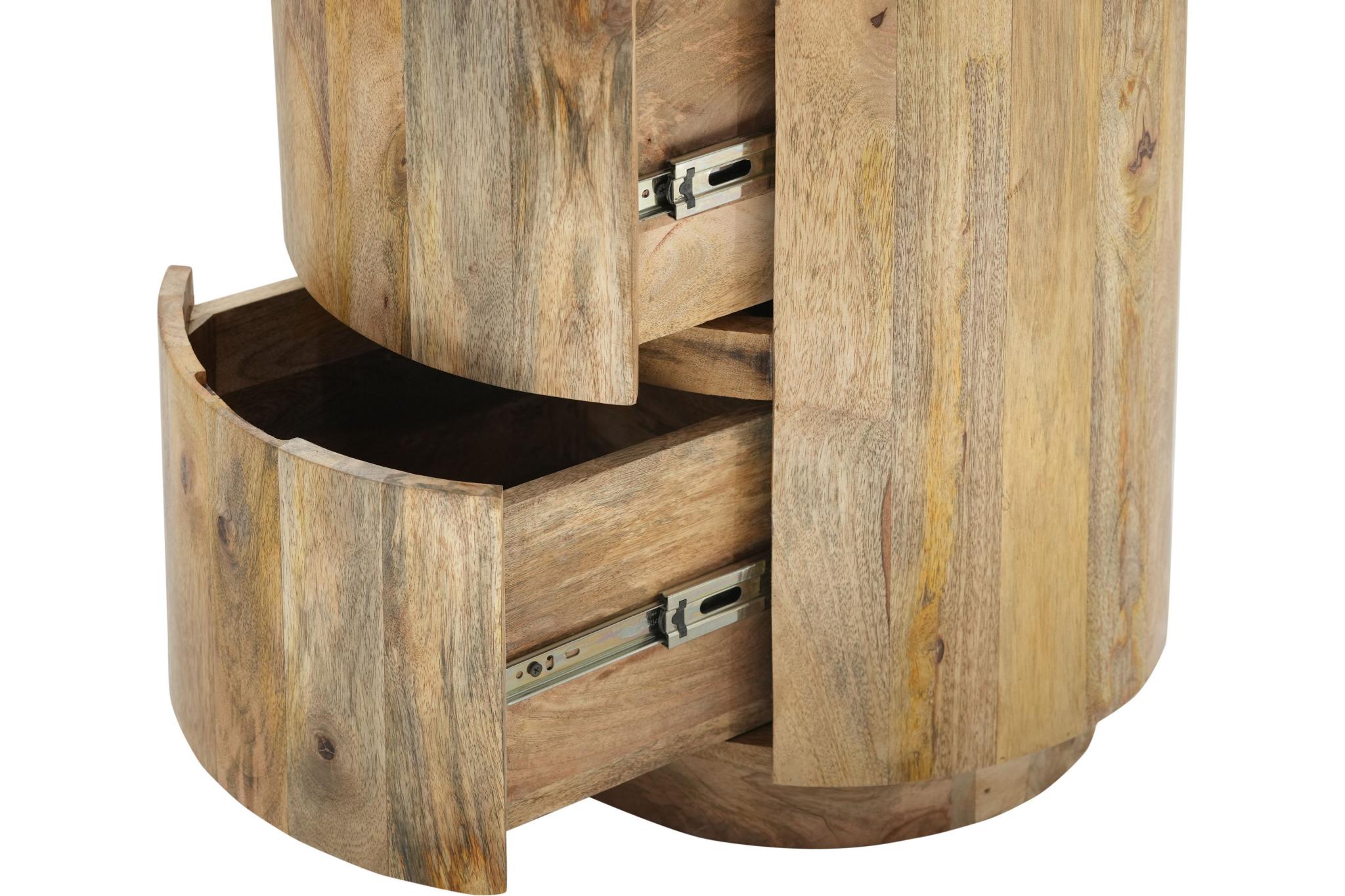 24" Natural Solid Wood Round Block End Table With Two Drawers