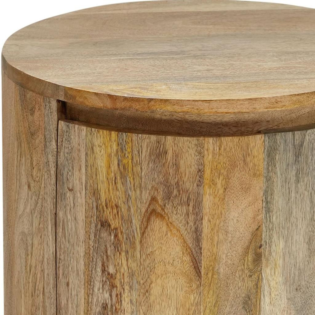24" Natural Solid Wood Round Block End Table With Two Drawers