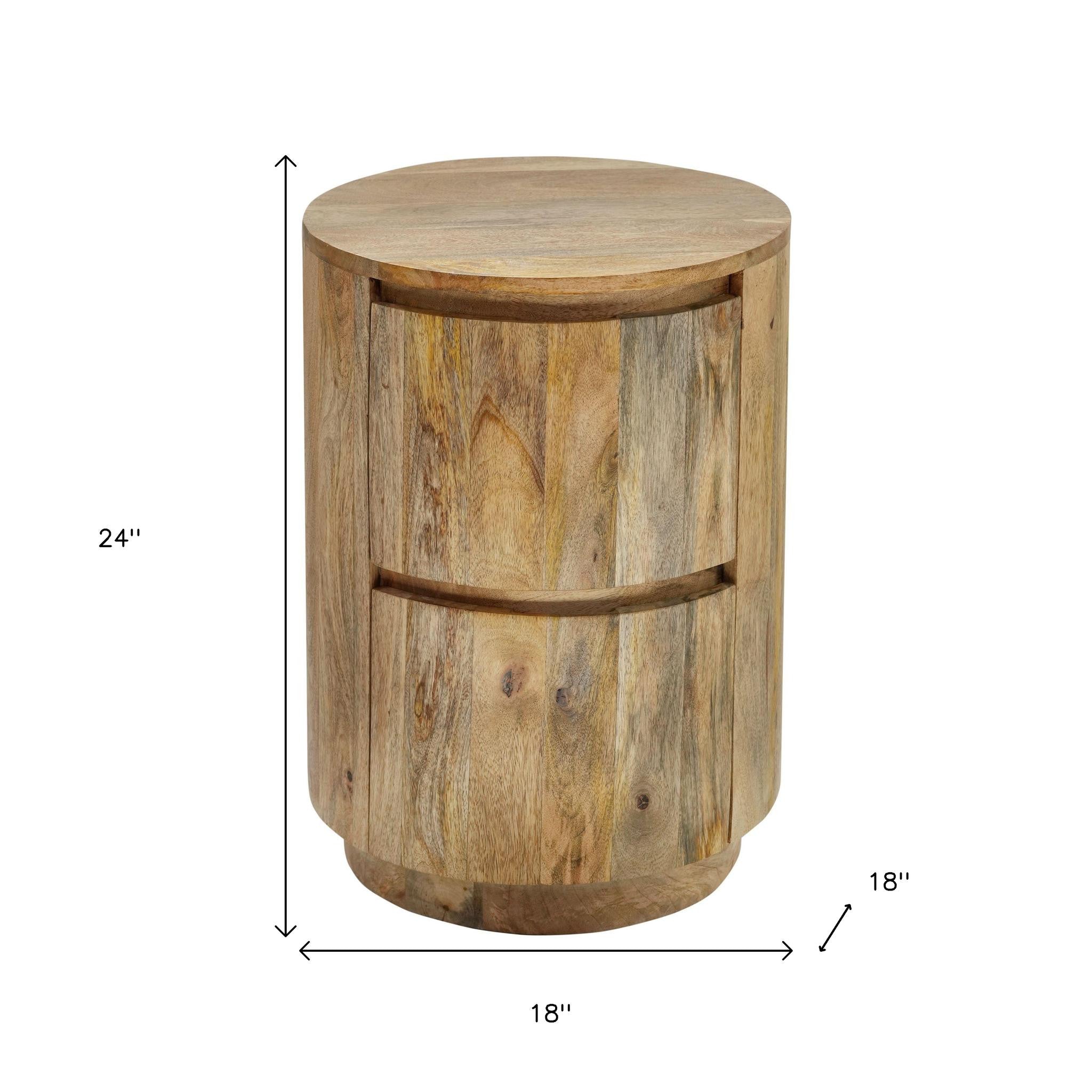 24" Natural Solid Wood Round Block End Table With Two Drawers