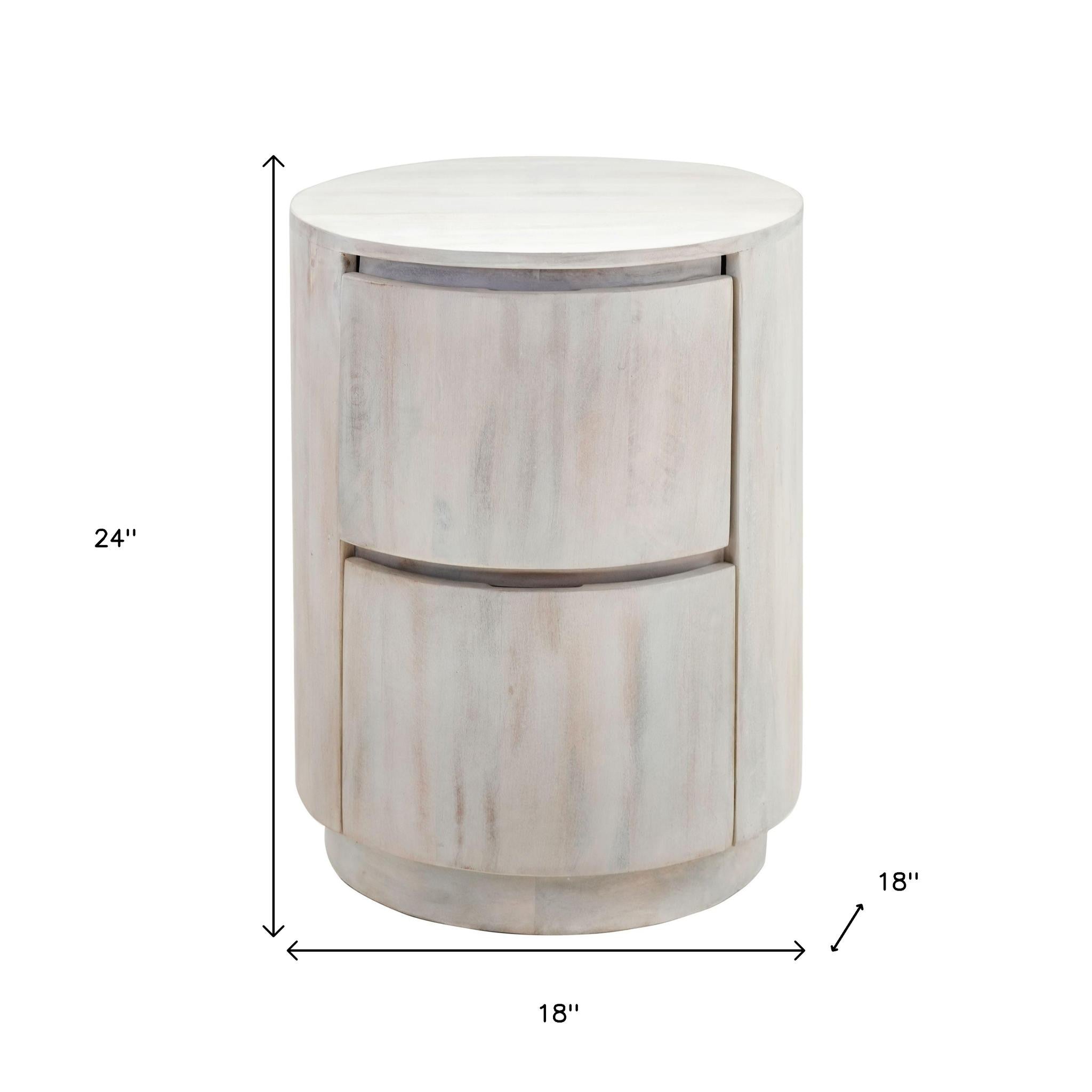 24" White Solid Wood Round Drum End Table With Two Drawers