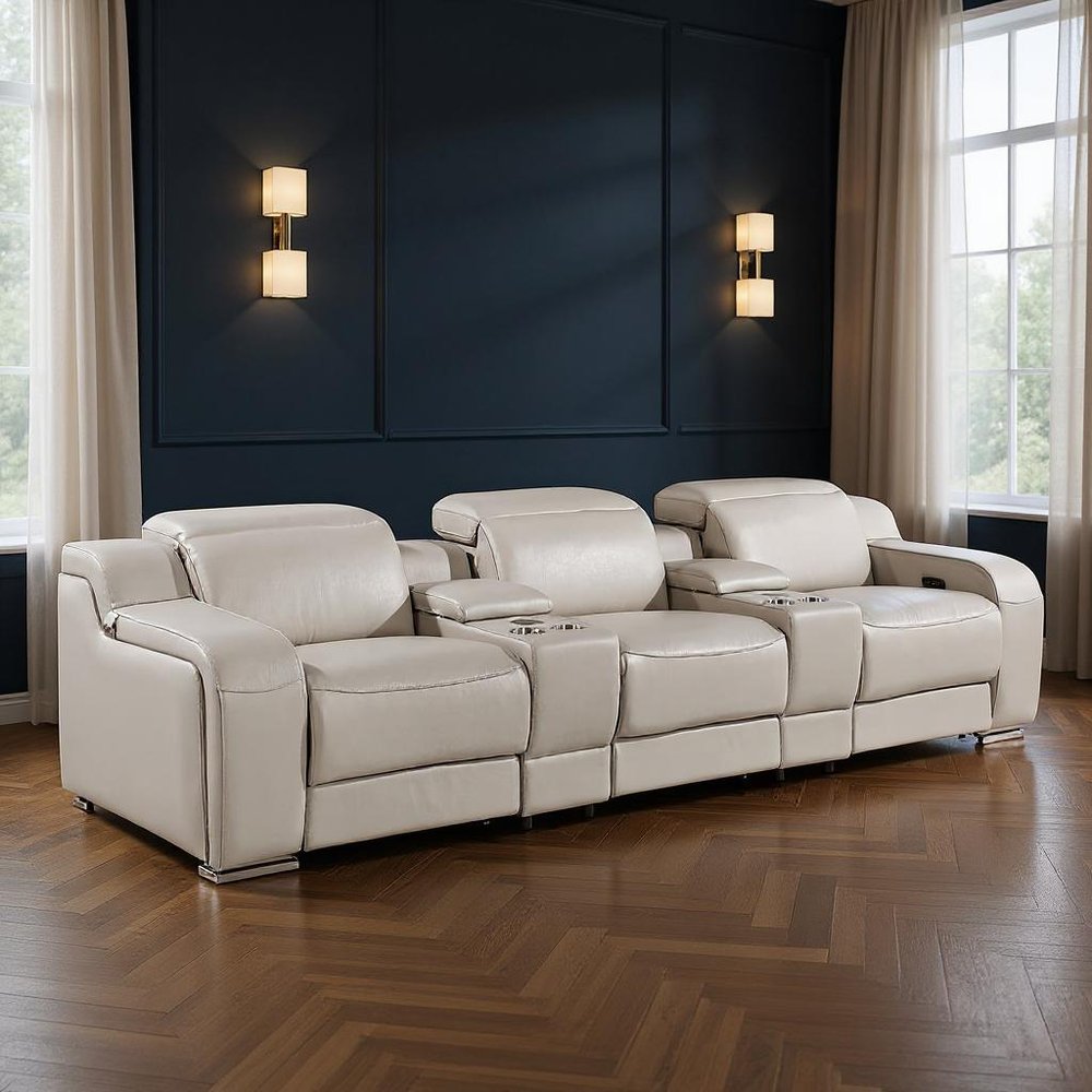 129" Beige Italian Leather Reclining USB Sofa
