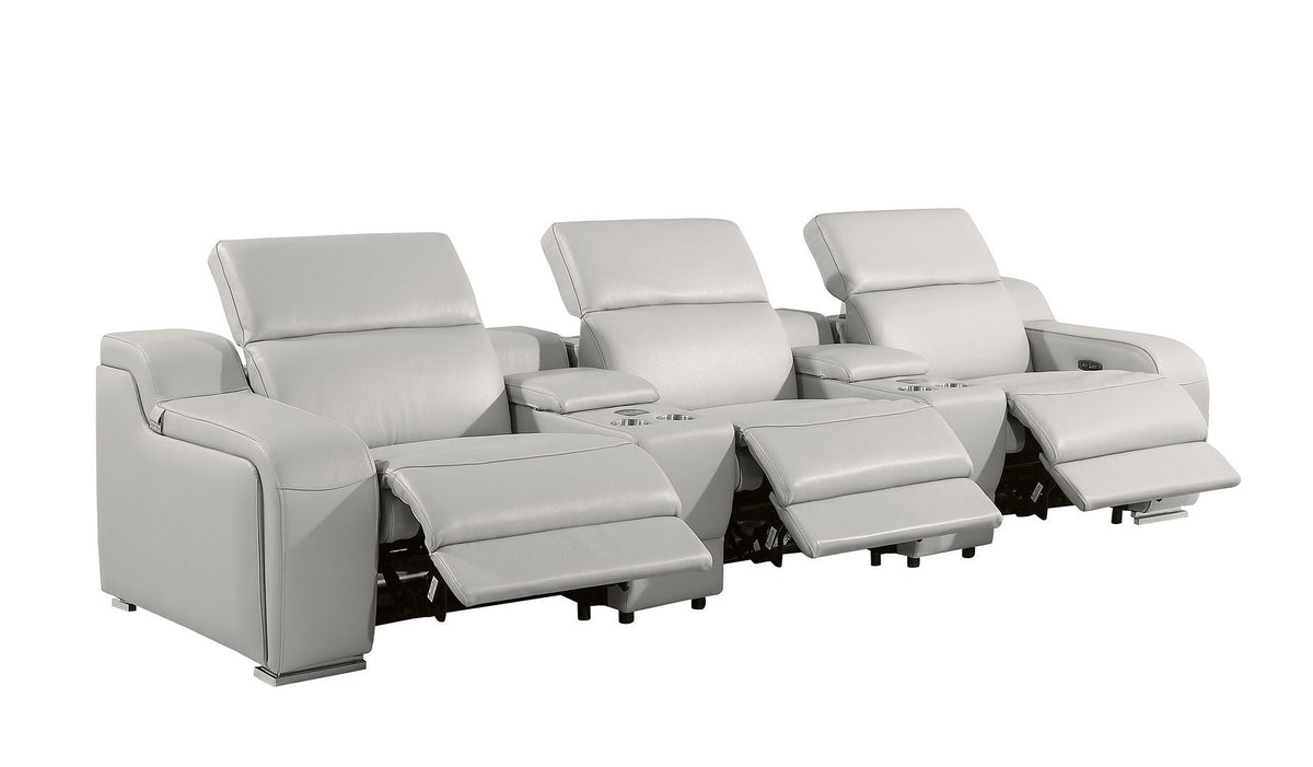 129" Light Gray Italian Leather Reclining USB Sofa