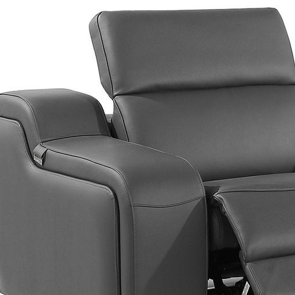 129" Light Gray Italian Leather Reclining USB Sofa
