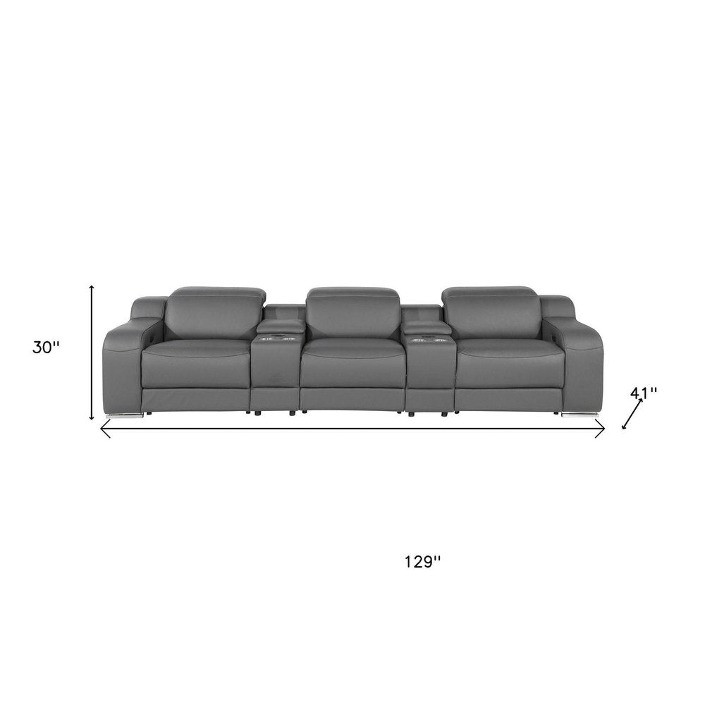 129" Light Gray Italian Leather Reclining USB Sofa