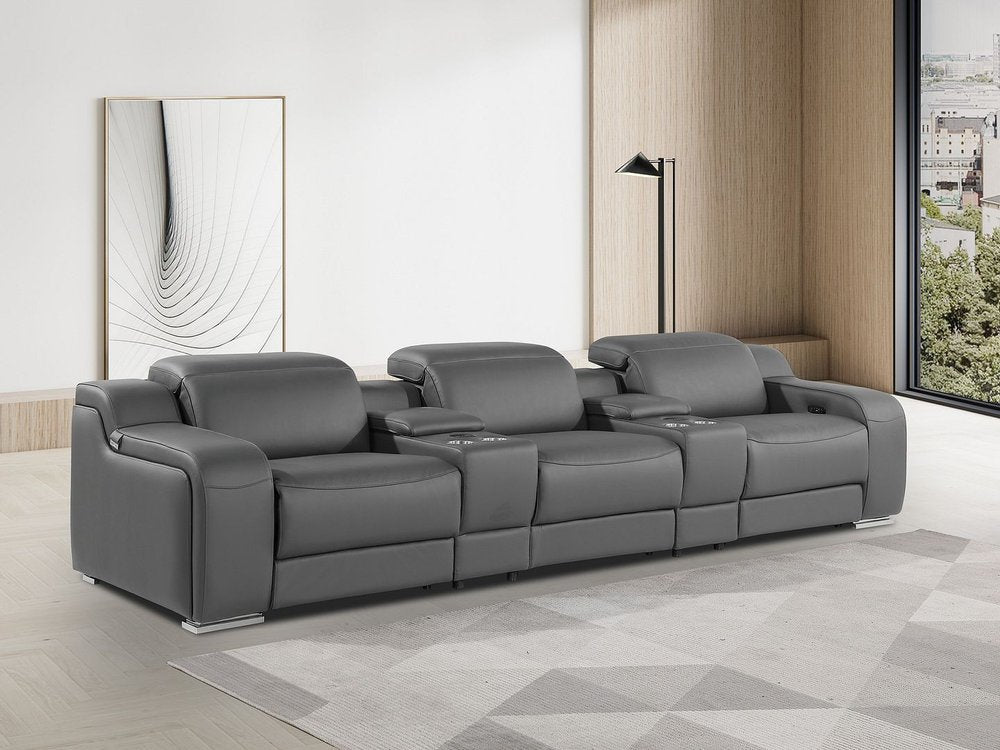 129" Light Gray Italian Leather Reclining USB Sofa