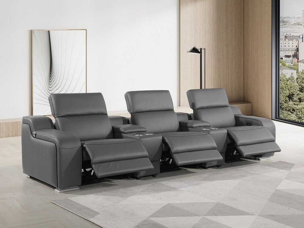 129" Light Gray Italian Leather Reclining USB Sofa