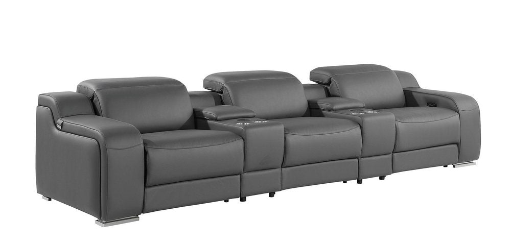 129" Light Gray Italian Leather Reclining USB Sofa