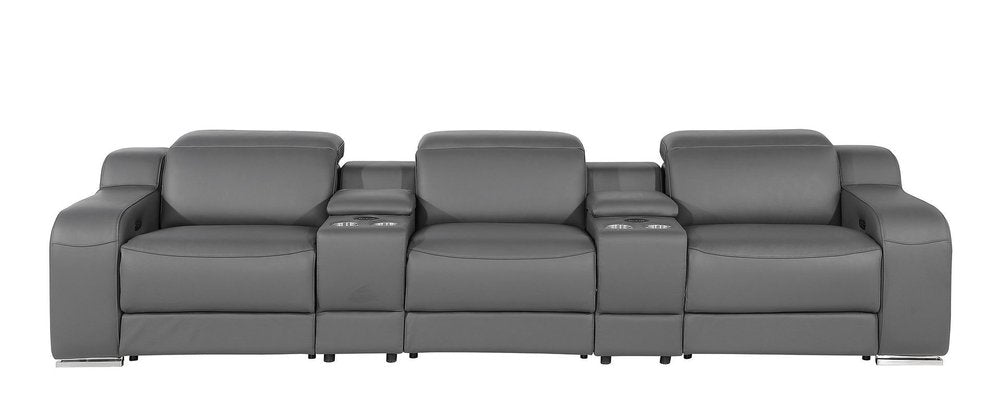 129" Light Gray Italian Leather Reclining USB Sofa