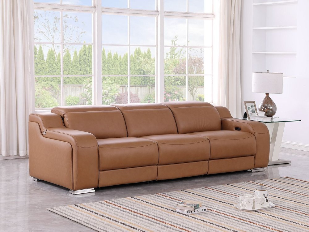 103" Light Gray Italian Leather Reclining USB Sofa