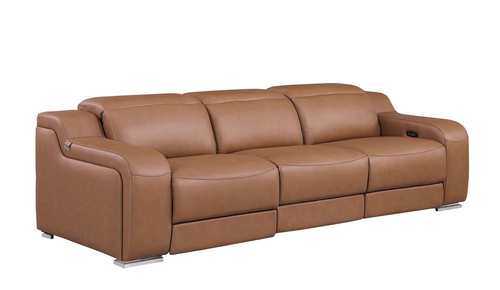 103" Light Gray Italian Leather Reclining USB Sofa