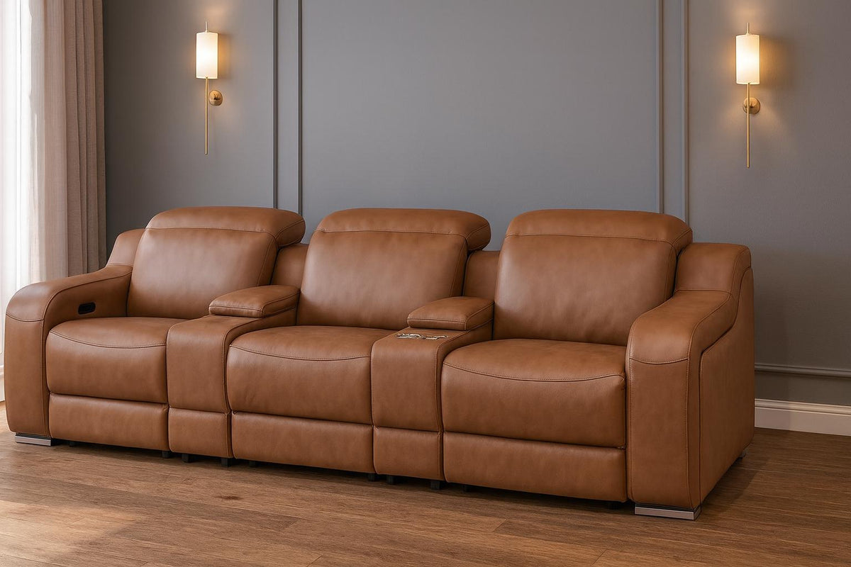 129" Chestnut Italian Leather Reclining USB Sofa