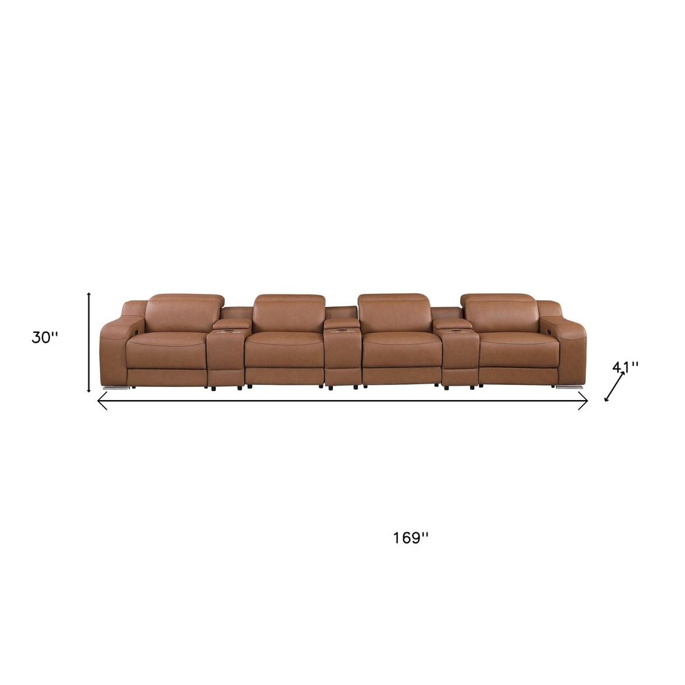 169" Light Gray Italian Leather Reclining USB Sofa