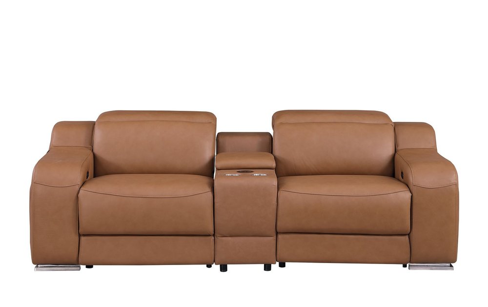 89" Cognac and Silver Italian Leather Power Reclining Loveseat With Storage