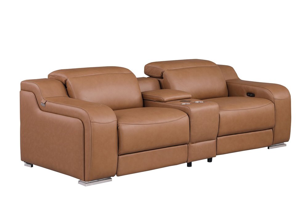 89" Cognac and Silver Italian Leather Power Reclining Loveseat With Storage